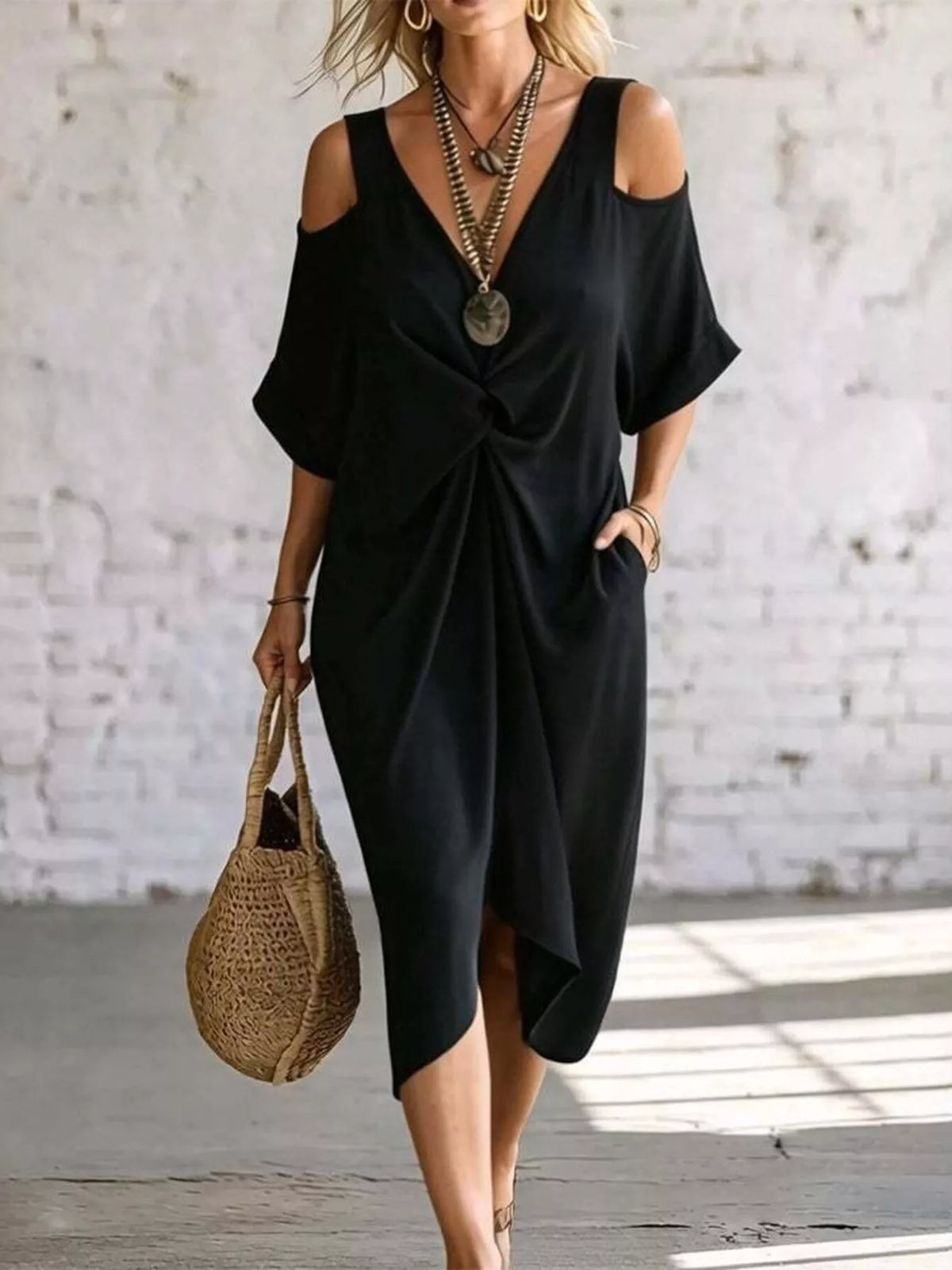 Full Size Cold Shoulder Twist Front Midi Dress Plus (2)