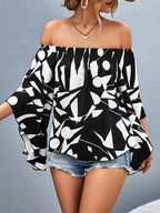 Printed Off-shoulder Bell Sleeve Blouse (3)