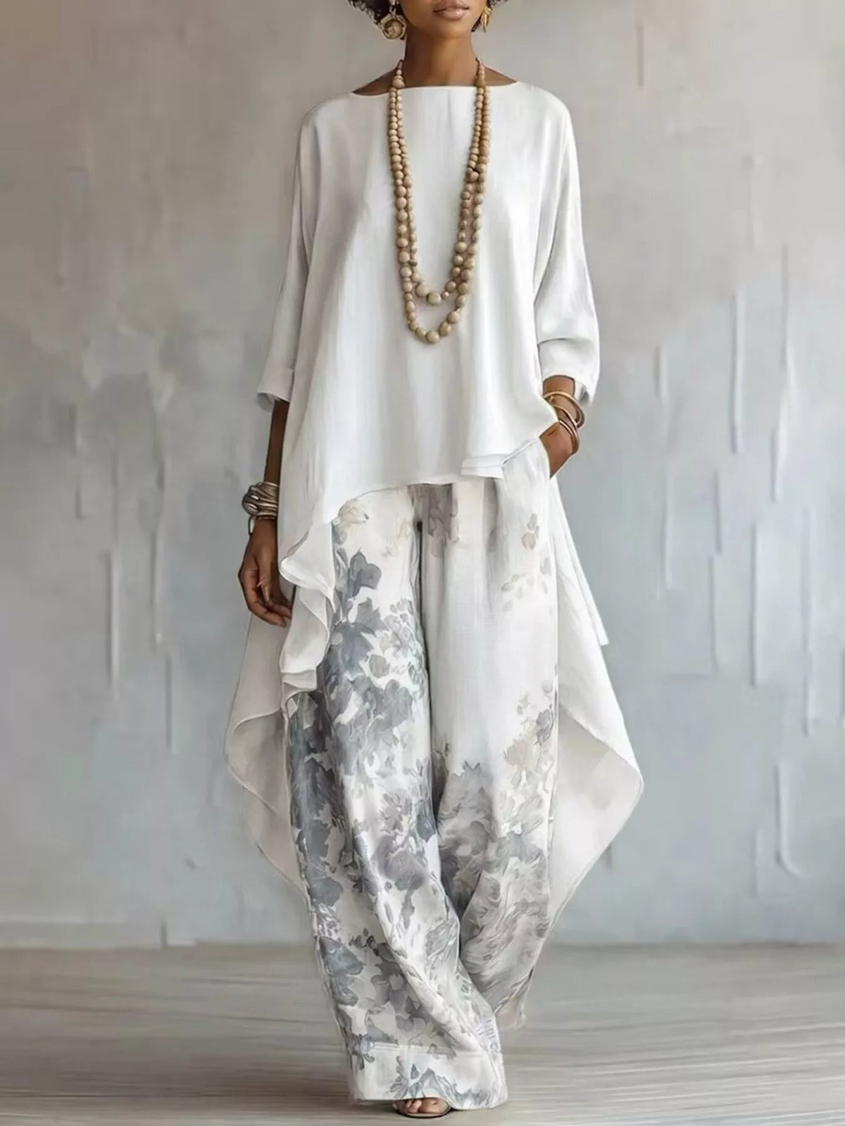 Asymmetrical Hem Top Floral Pants Set
