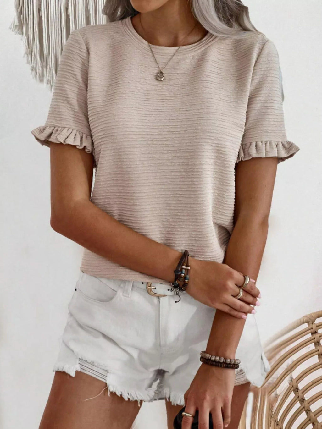 Textured Ruffle Sleeve Round Neck T-shirt (19)