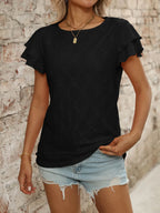 Eyelet Round Neck Double Layered Ruffled Short Sleeve Top (24)