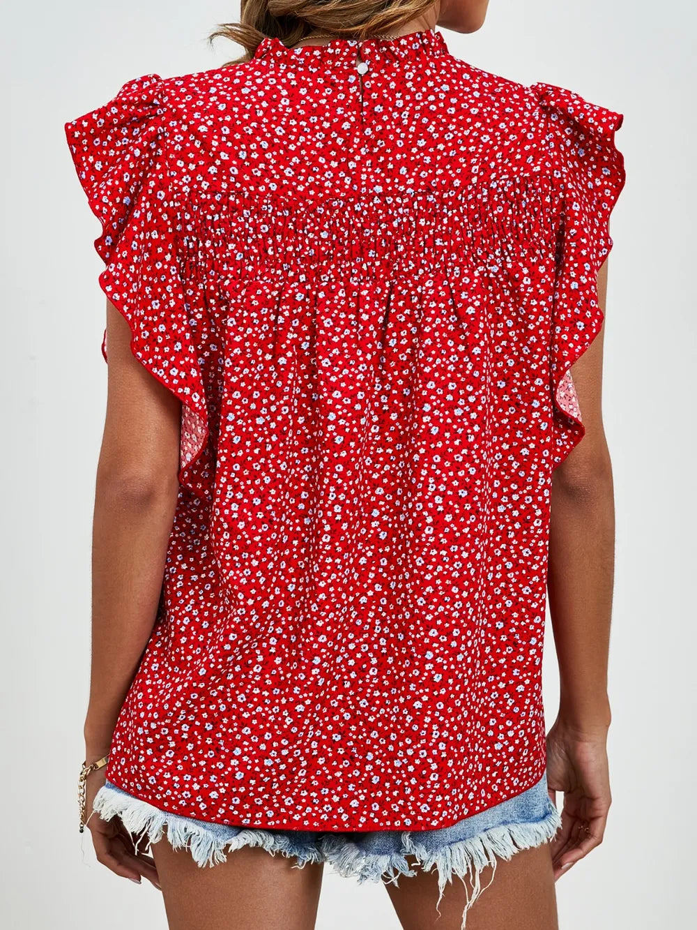 Ruffled Ditsy Floral Mock Neck Cap Sleeve Blouse (13)