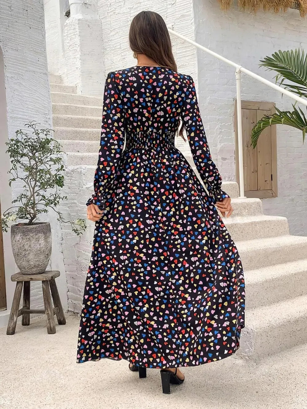 Smocked Printed V-neck Flounce Sleeve Dress (10)