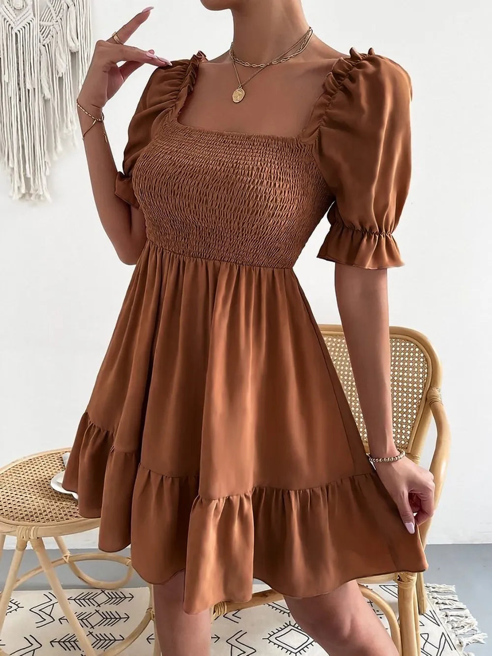Smocked Square Neck Short Sleeve Dress (16)