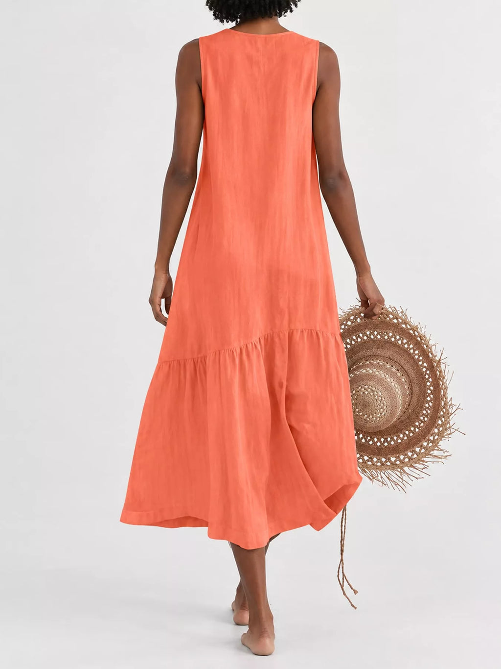 Full Size V-neck Button Front Sleeveless Midi Dress Plus (33)