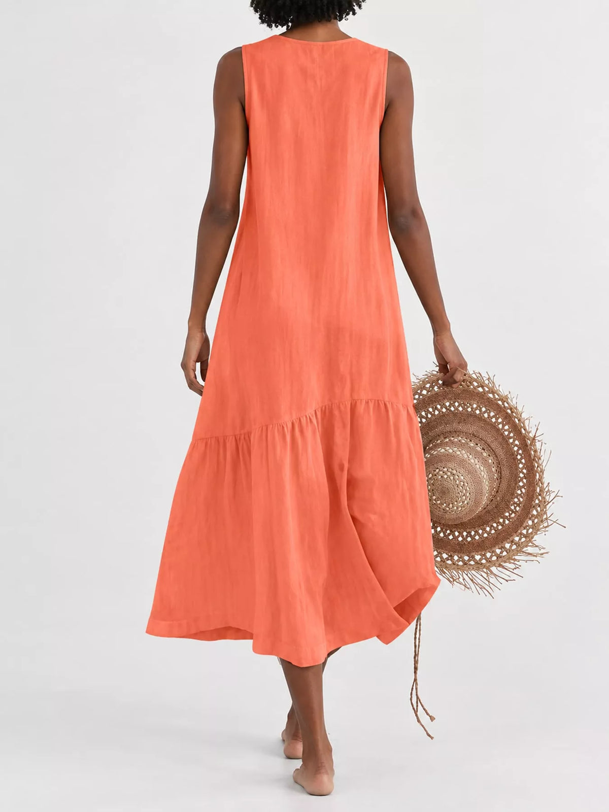 Full Size V-neck Button Front Sleeveless Midi Dress Plus (33)