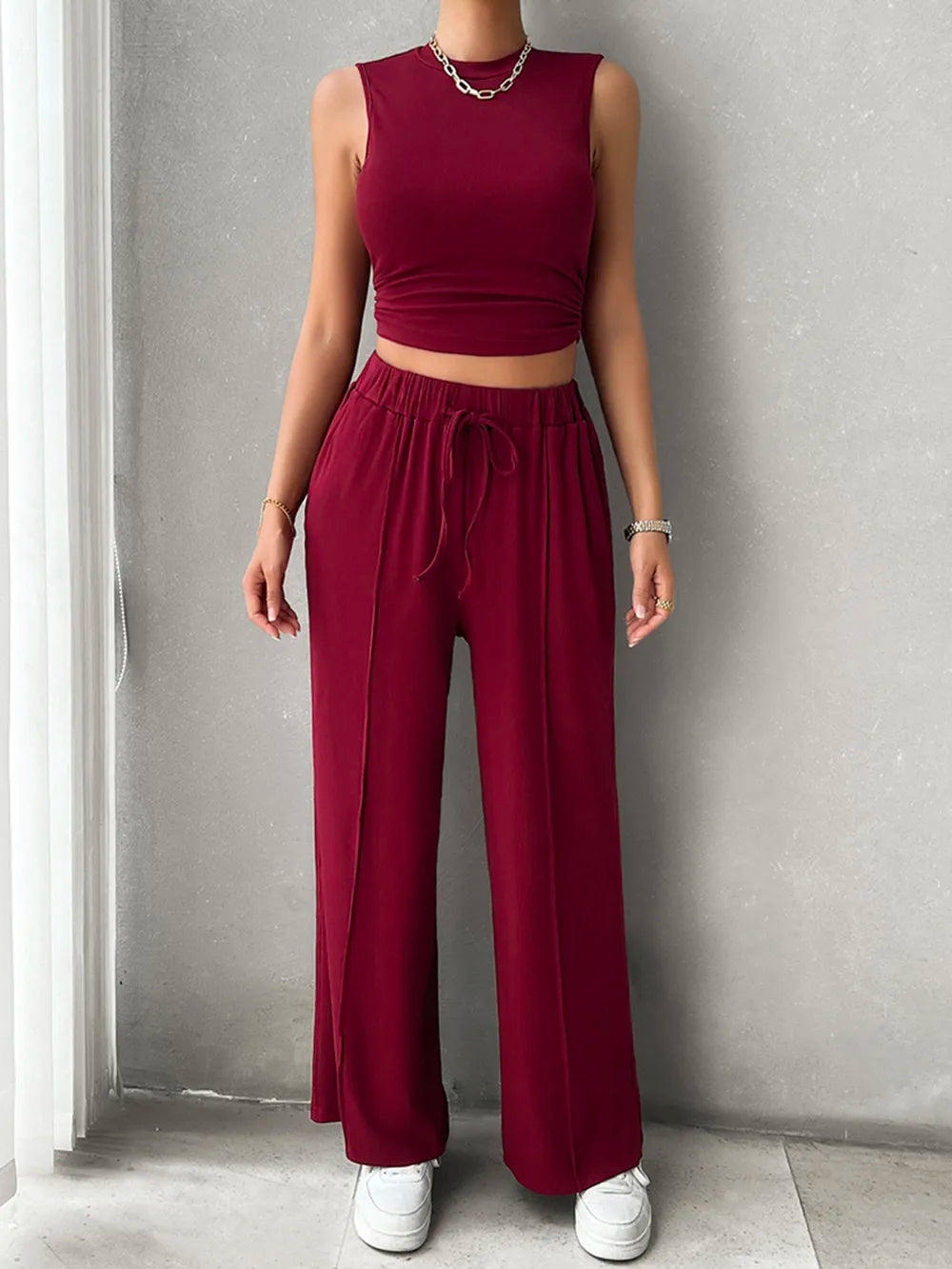 Mock Neck Sleeveless Top Drawstring Pants Set (7)