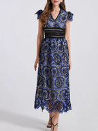 Printed V-neck Ruffle Sleeve Midi Dress (5)