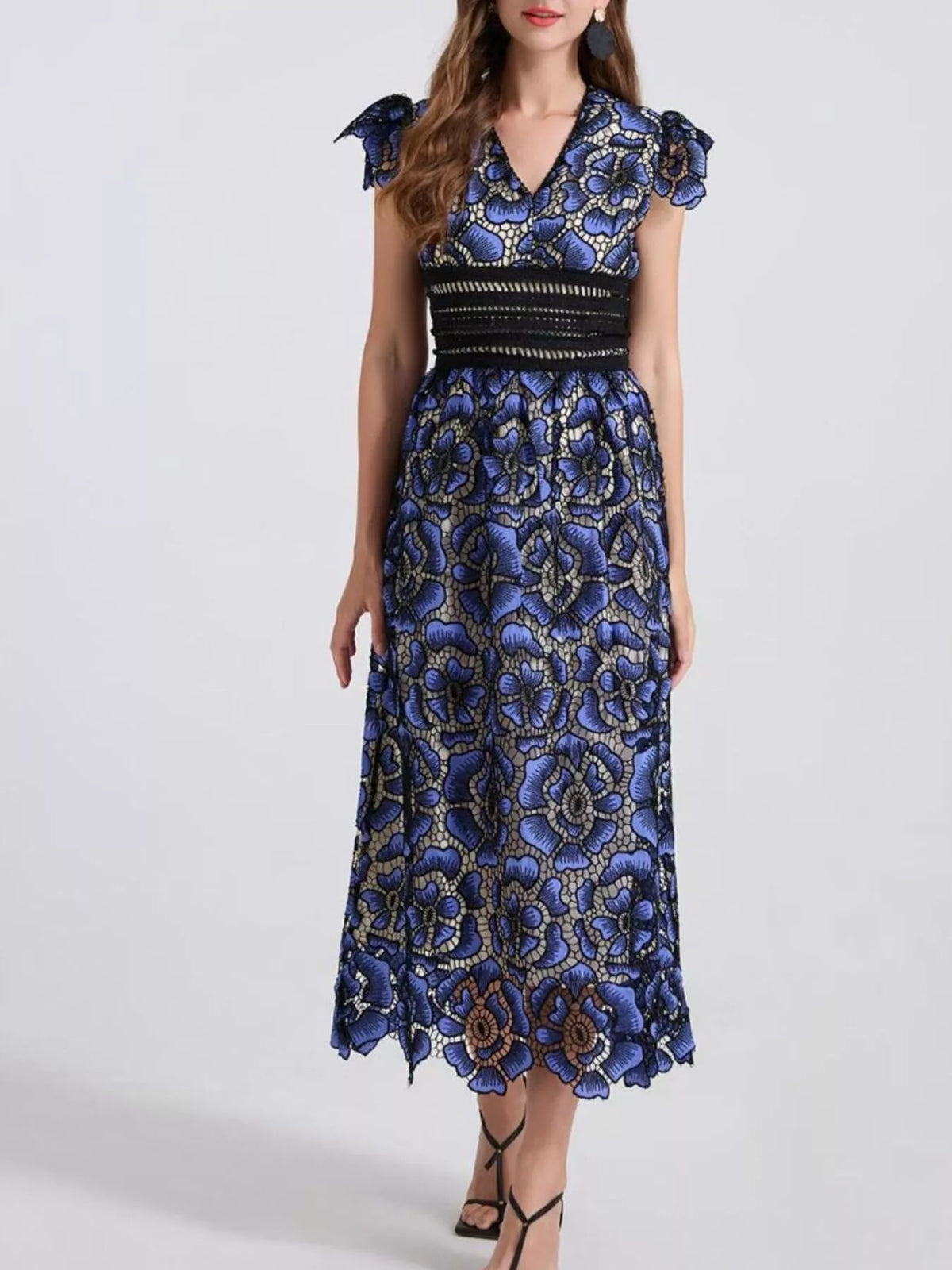 Printed V-neck Ruffle Sleeve Midi Dress (5)