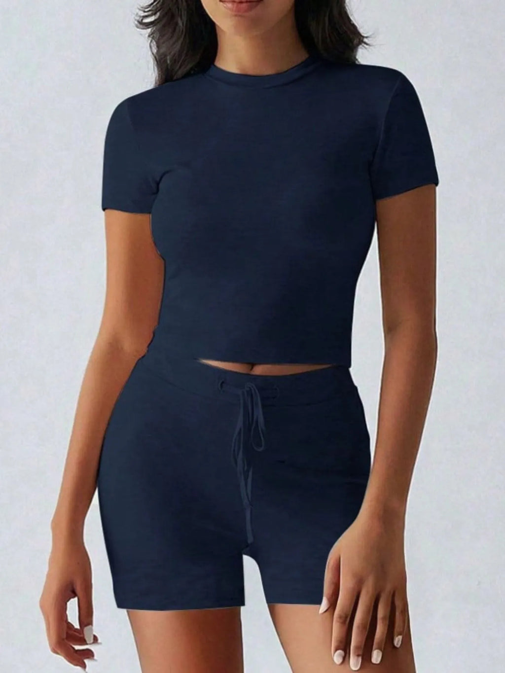 Round Neck Short Sleeve Top Shorts Set (13)