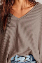 Waffle-knit V-neck Long Sleeve Top (13)