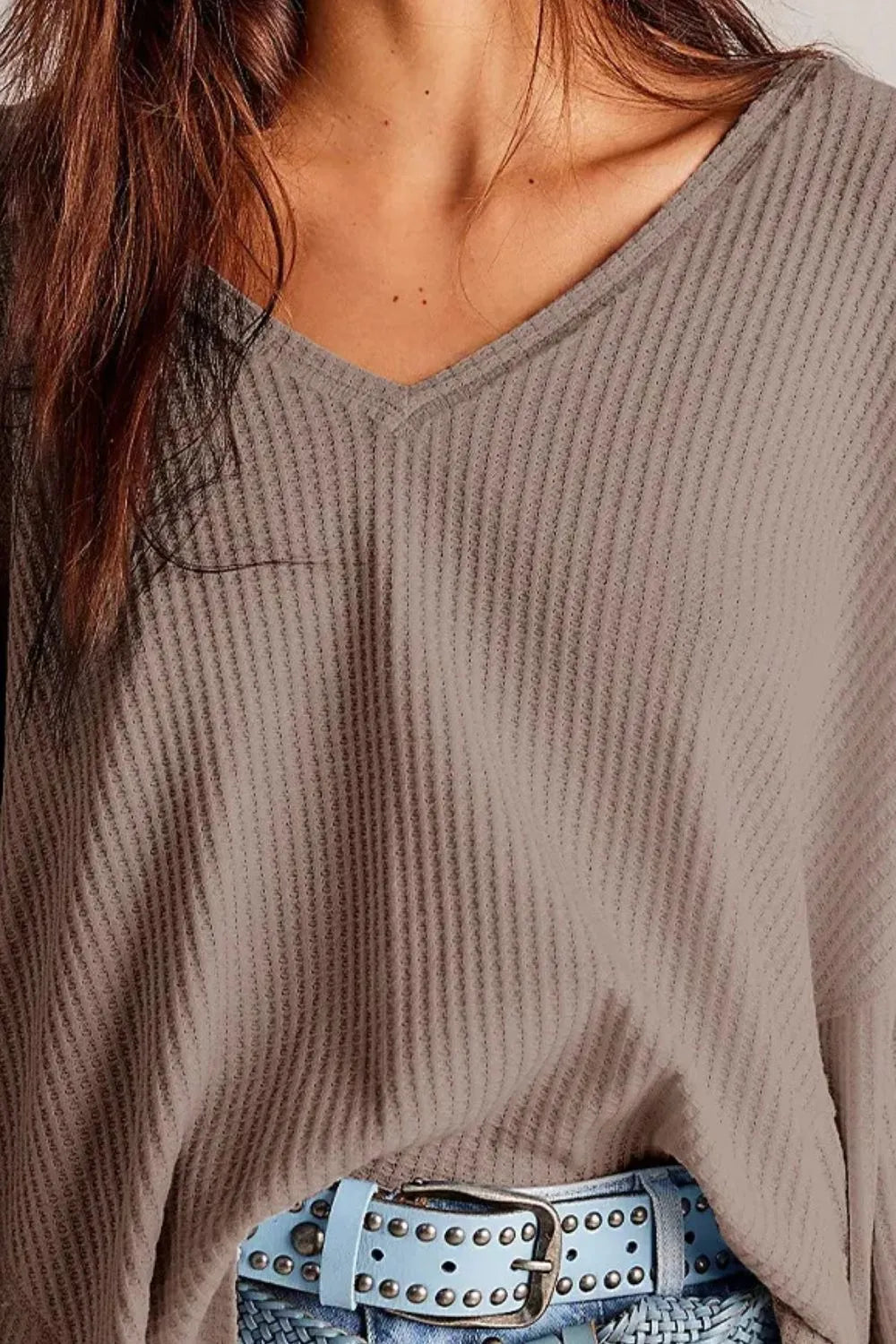 Waffle-knit V-neck Long Sleeve Top (13)
