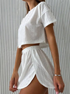 Eyelet Round Neck Top Shorts Set (3)