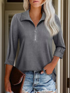 Half Zip Collared Neck Three-quarter Sleeve T-shirt