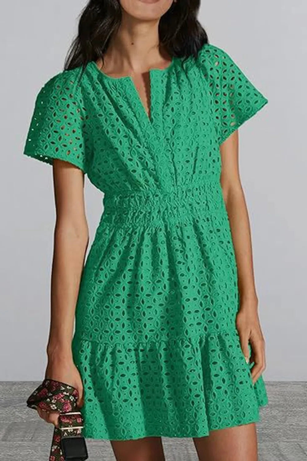 Eyelet Notched Short Sleeve Mini Dress (16)