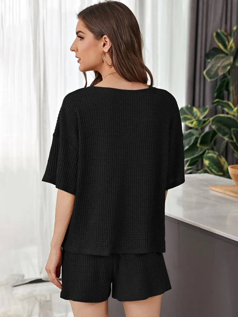 Full Size Waffle-knit Dropped Shoulder Top Shorts Set (8)