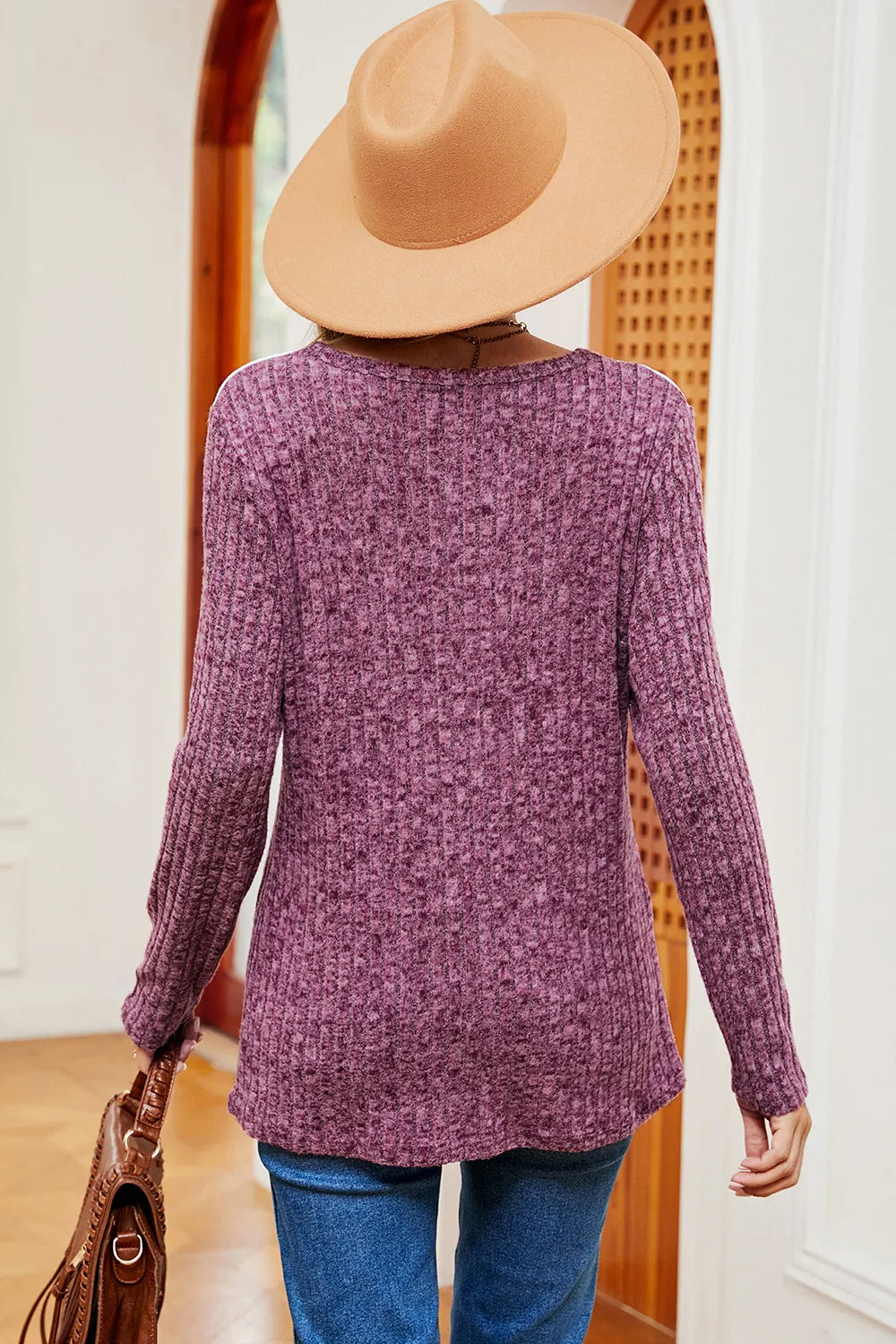 Eyelet Ribbed Round Neck Long Sleeve T-shirt (24)