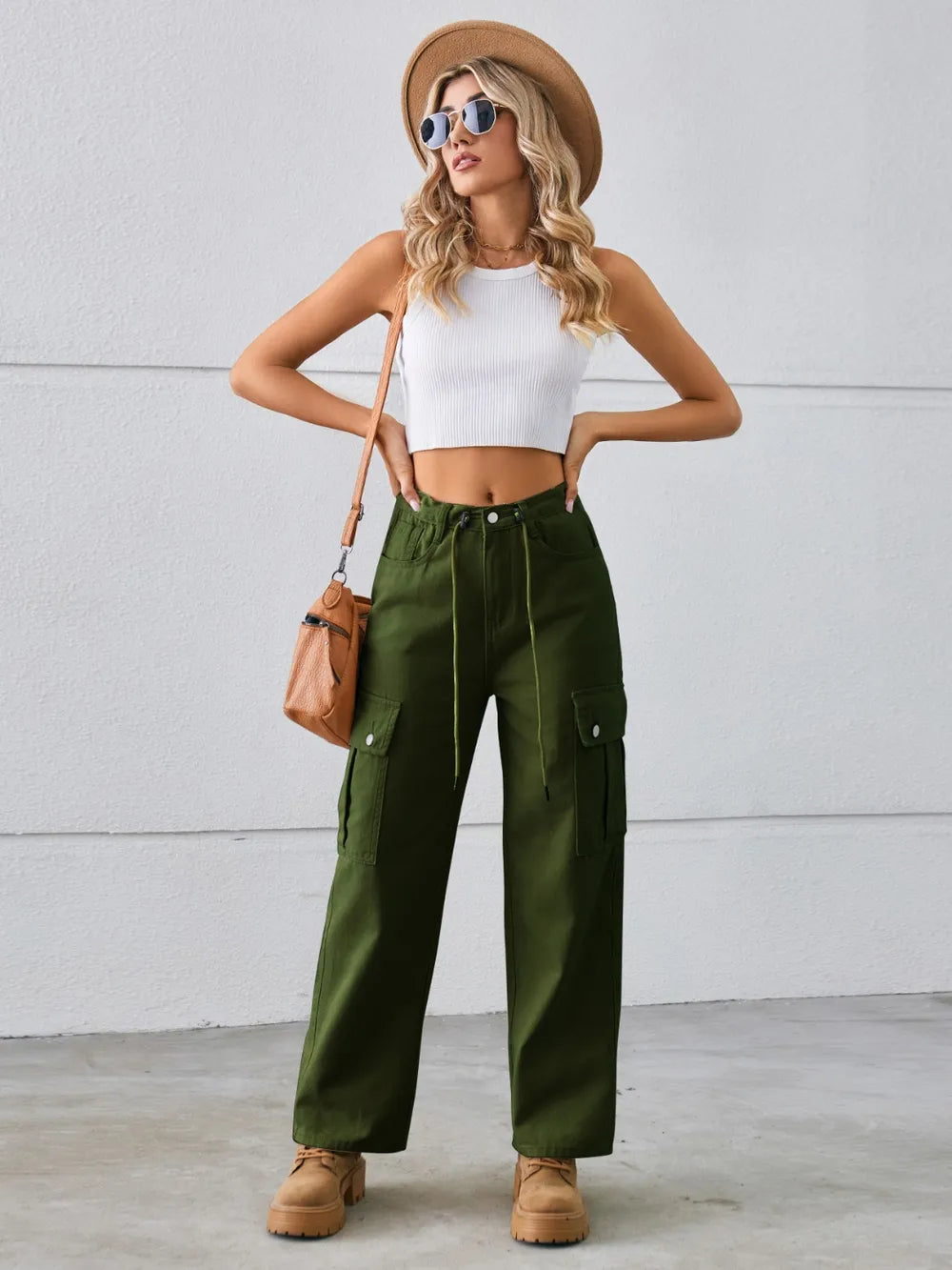 Drawstring Mid-rise Waist Straight Cargo Jeans (10)