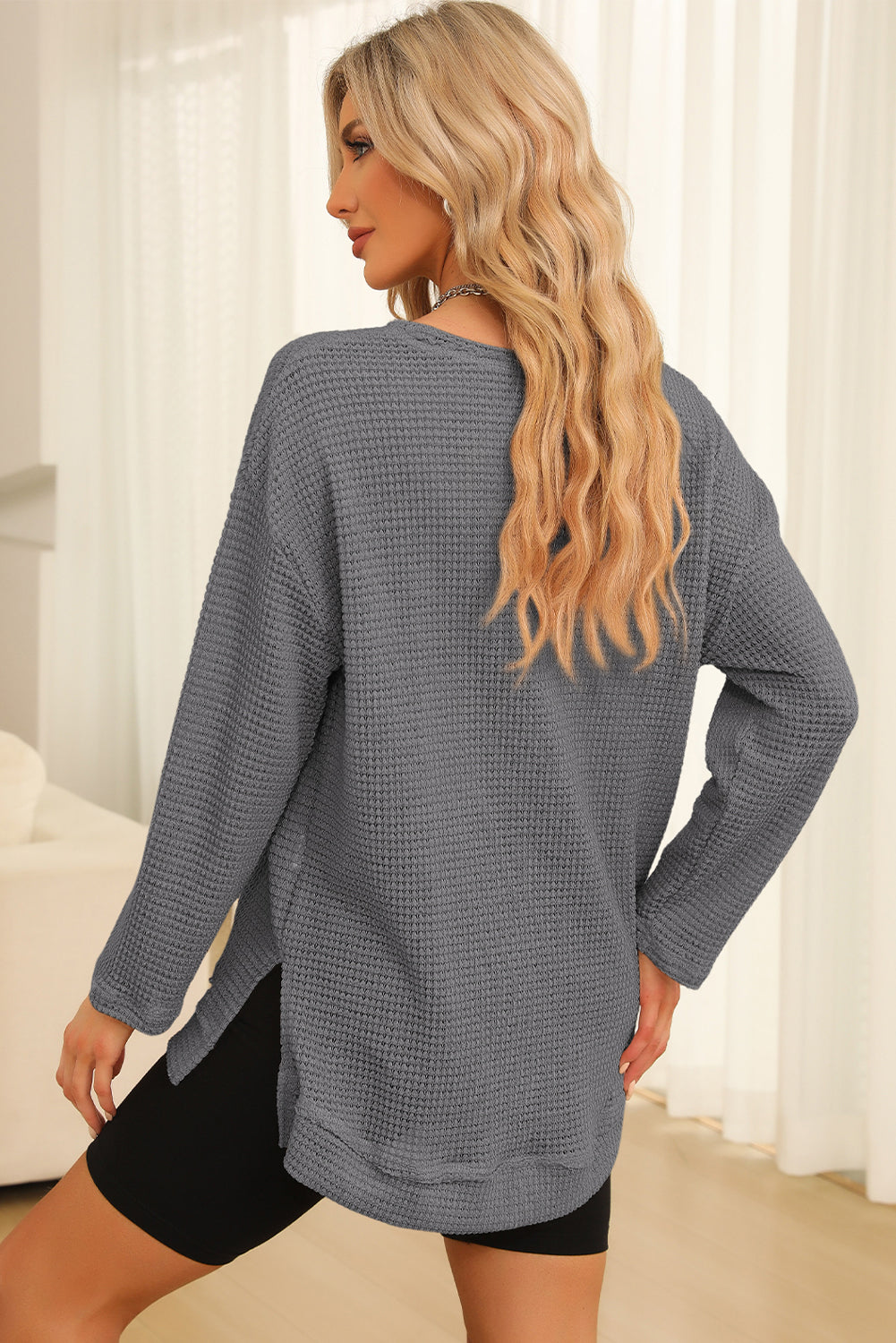 Waffle-knit Round Neck Long Sleeve Sweatshirt (7)