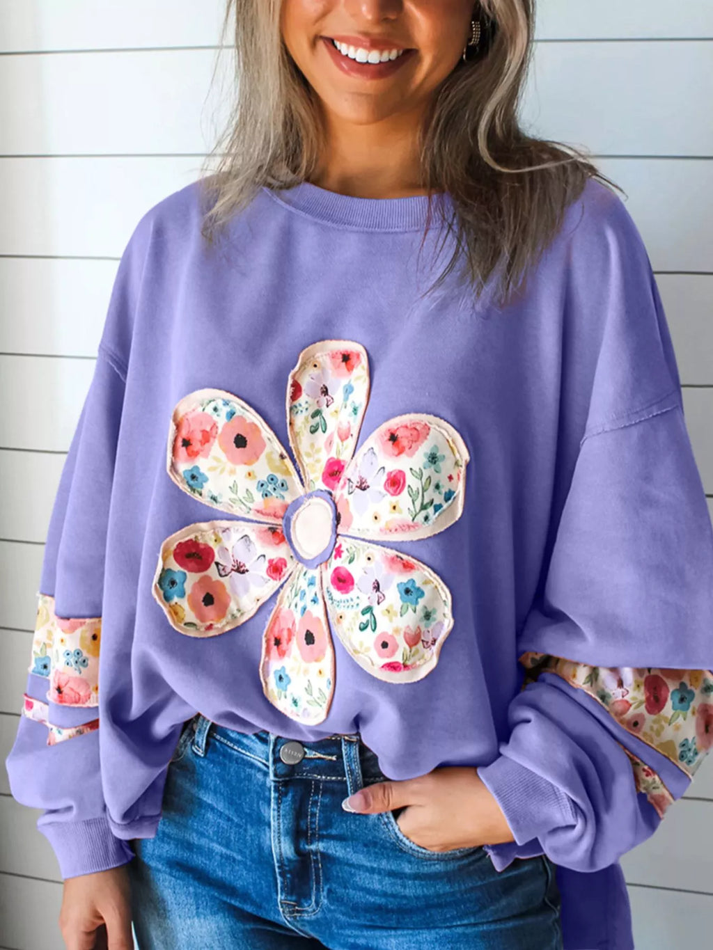 Plus Size Floral Applique Drop Shoulder Sweatshirt (10)