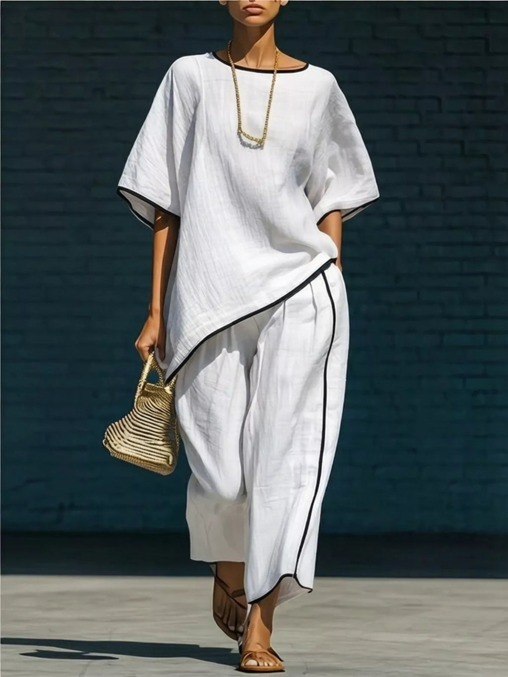 Contrast Trim Round Neck Top Pants Set