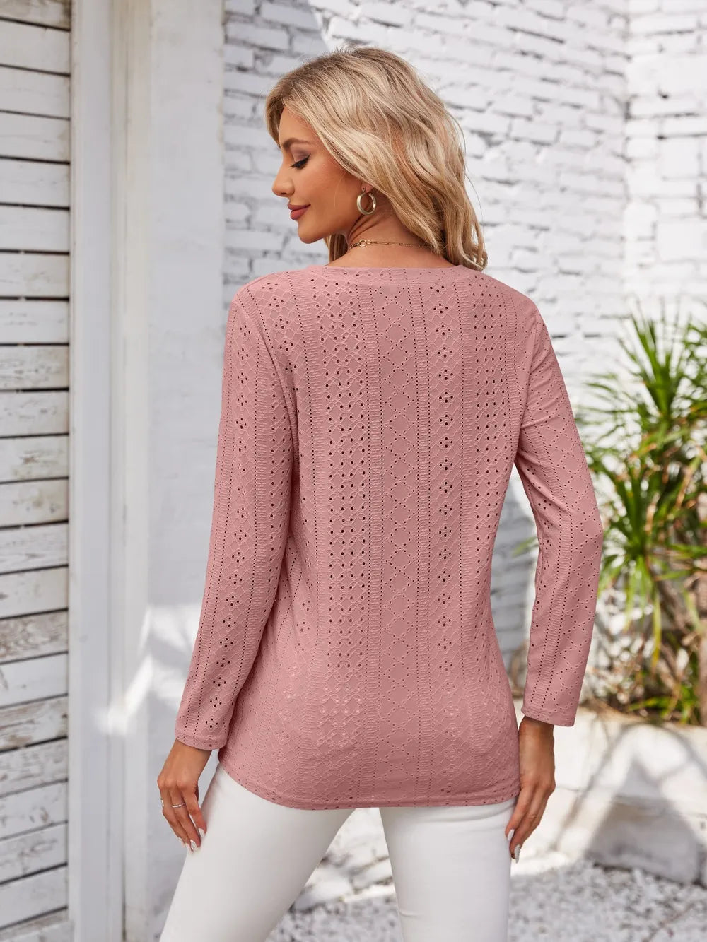Decorative Button Openwork V-neck T-shirt (15)
