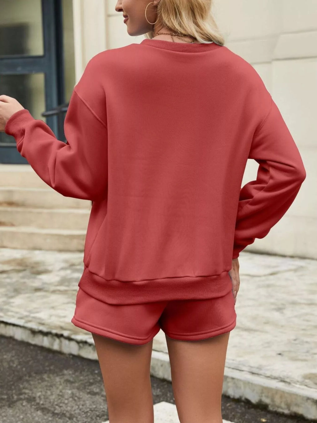 Round Neck Dropped Shoulder Top Drawstring Shorts Set (11)