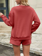 Round Neck Dropped Shoulder Top Drawstring Shorts Set (11)