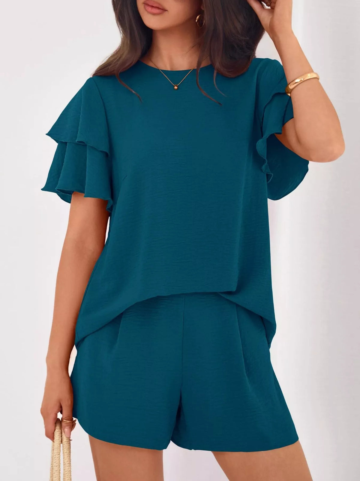 Ruffle Sleeve Top Shorts Two-piece Set (11)