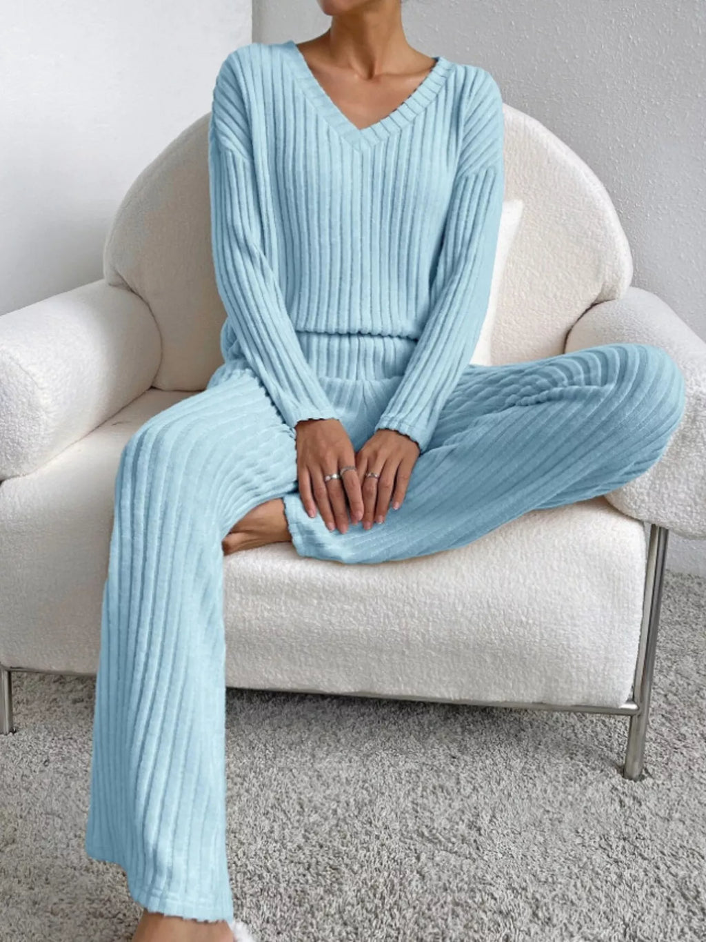 Ribbed Knit Long Sleeve Top Pants Set (13)