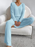 Ribbed Knit Long Sleeve Top Pants Set (13)