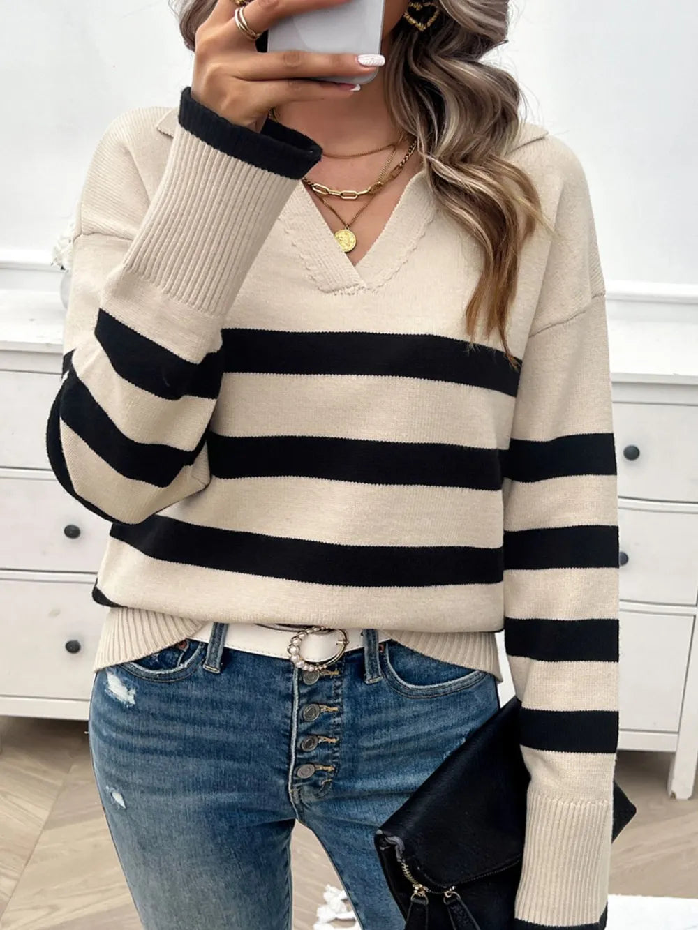 Striped Collared Neck Long Sleeve Sweater (11)