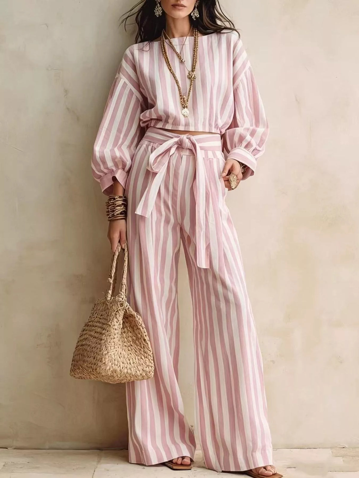 Striped Long Sleeve Top Pants Two-piece Set (10)