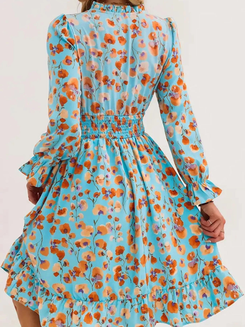 Floral Notched Flounce Sleeve Dress (11)