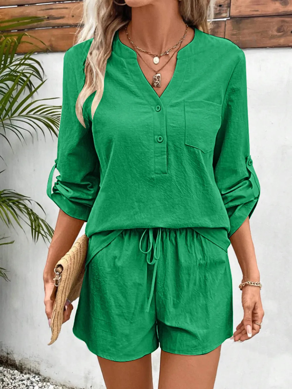 Notched Long Sleeve Top Shorts Set (5)