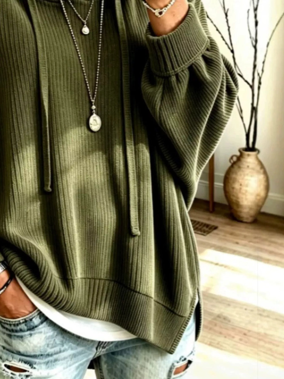 Drawstring Ribbed Knit Hoodie (8)