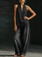 Full Size Halter Neck Top Wide Leg Pants Plus