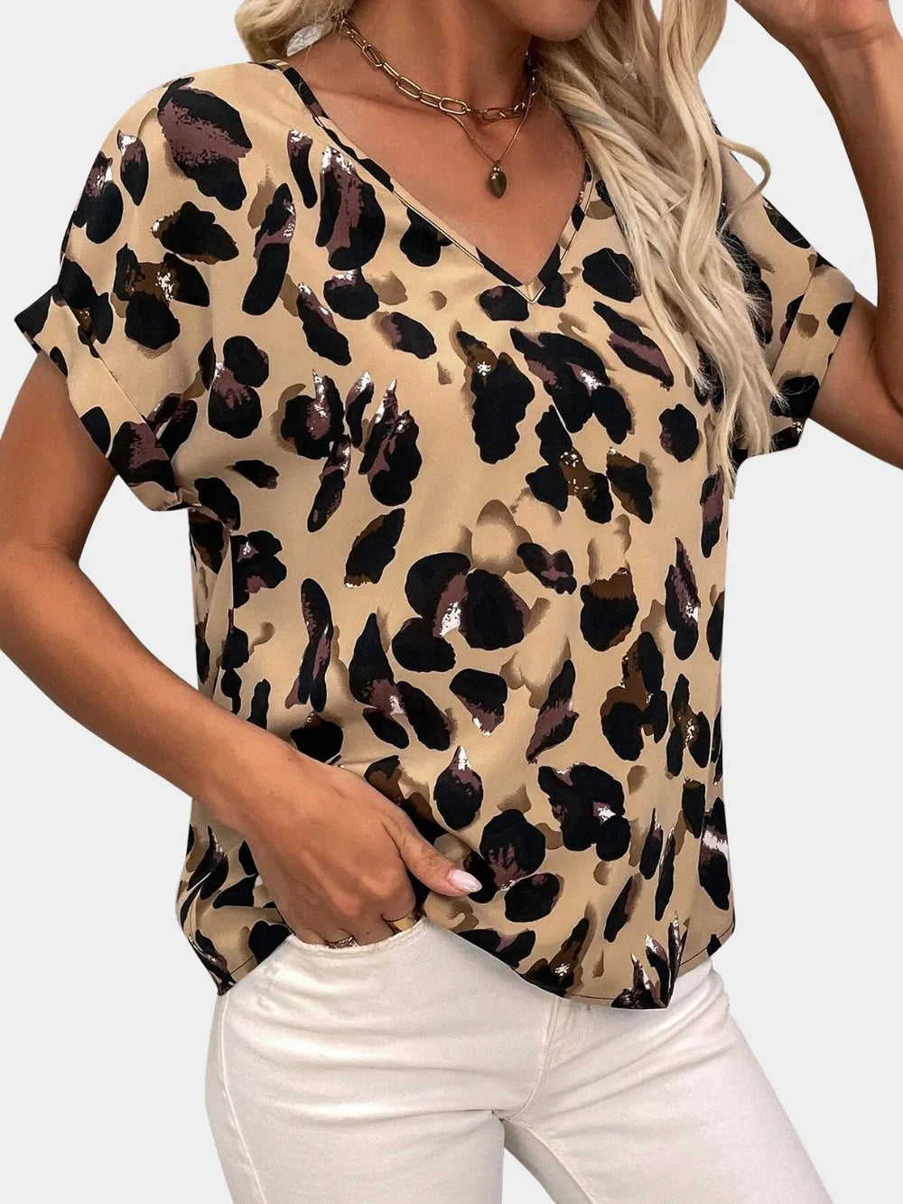 Printed V-neck Short Sleeve Blouse (17)