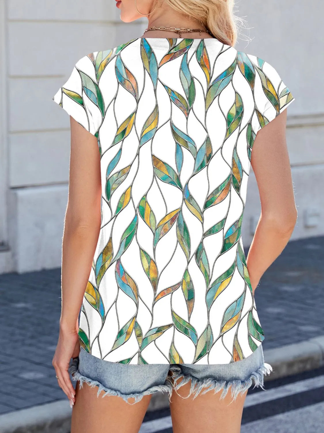 Printed Round Neck Cap Sleeve Top (9)