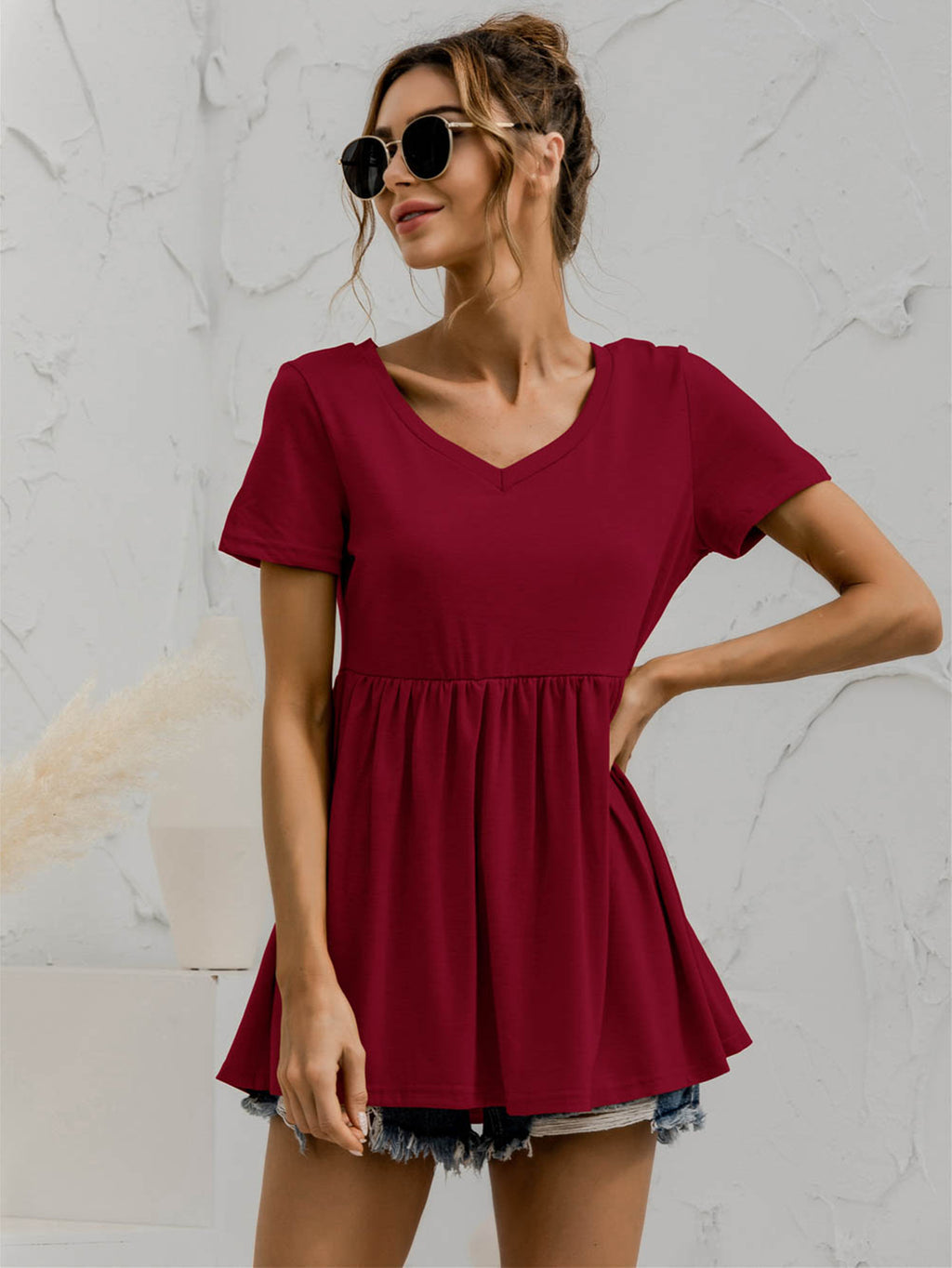 V-neck Short Sleeve Babydoll Top (11)