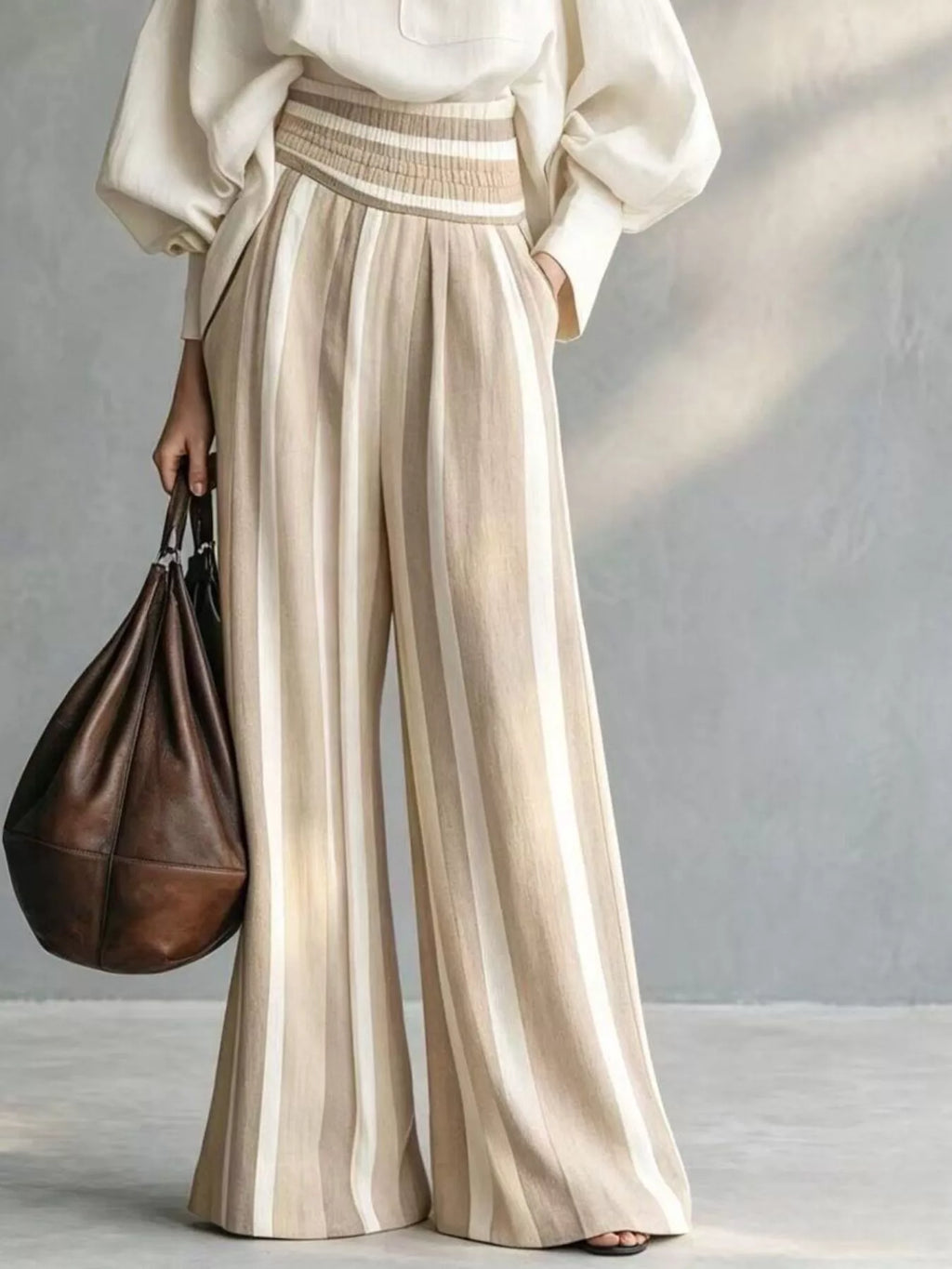 Full Size Mock Neck Top Striped Wide-leg Pants Set Plus (3)