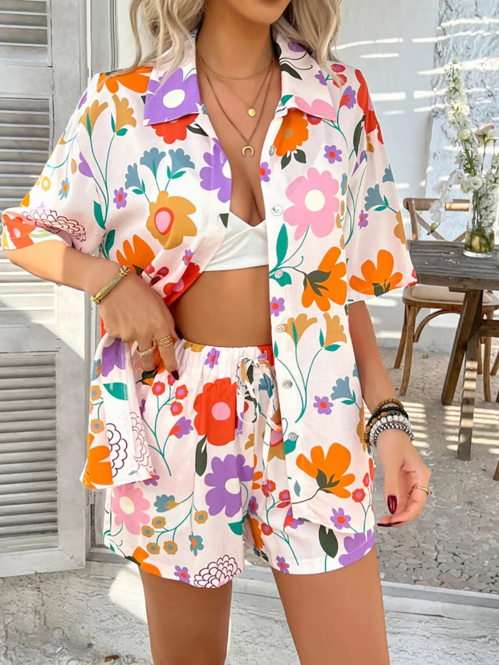 Printed Button Down Shirt Shorts Set (10)