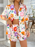 Printed Button Down Shirt Shorts Set (10)
