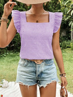 Gingham Ruffle Sleeve Square Neck Blouse (23)