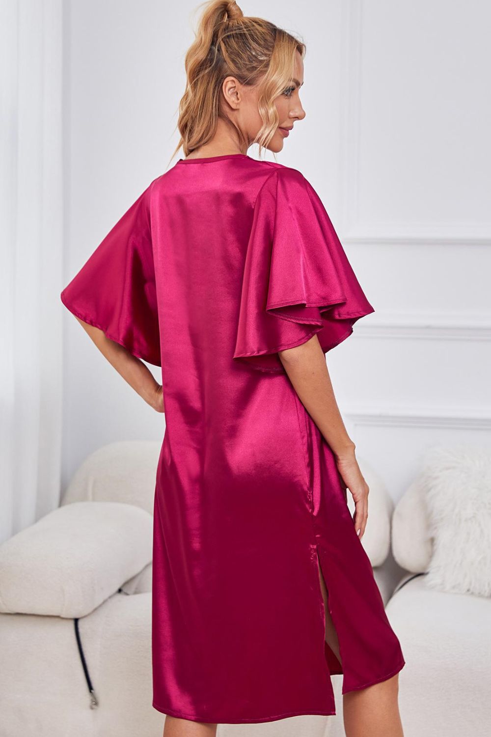 Satin Flutter Sleeve Side Slit V-neck Night Dress (2)