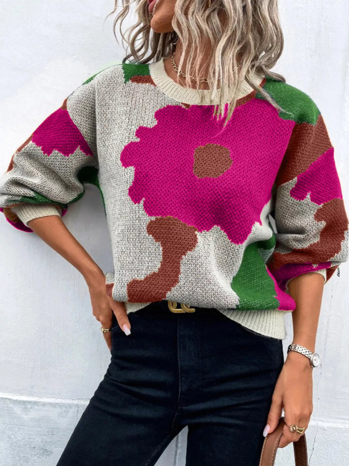 Floral Pattern Round Neck Sweater (20)