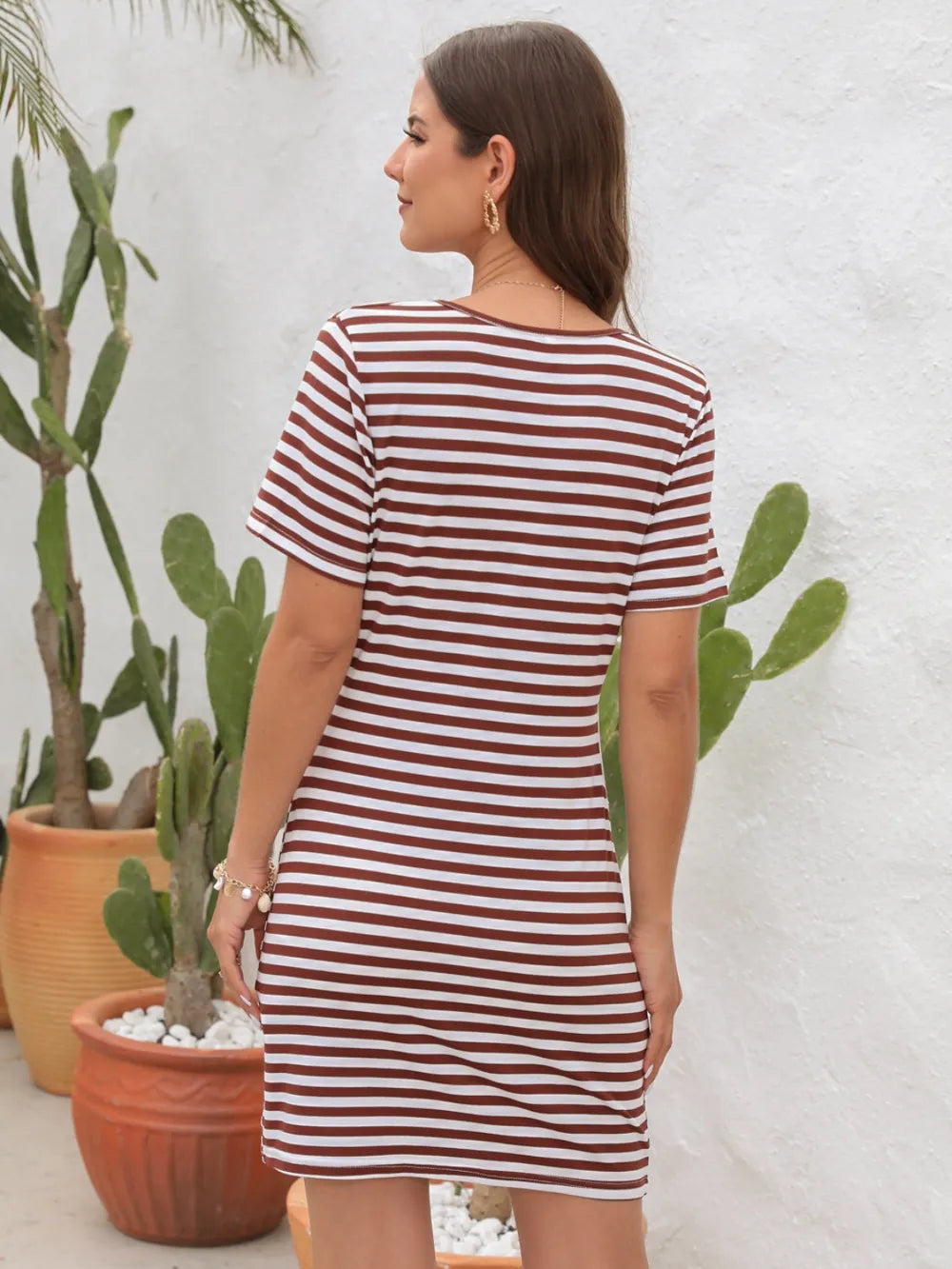 Cutout Striped Round Neck Short Sleeve Dress (3)