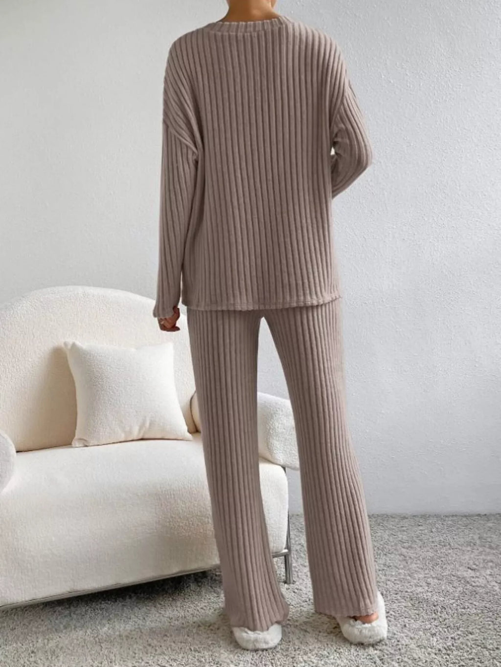 Ribbed Knit V-neck Top Pants Set (14)