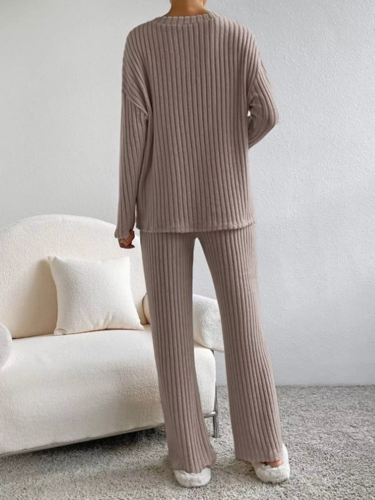 Ribbed Knit V-neck Top Pants Set (14)