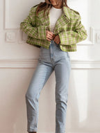 Lapel Collar Plaid Cropped Jacket (6)